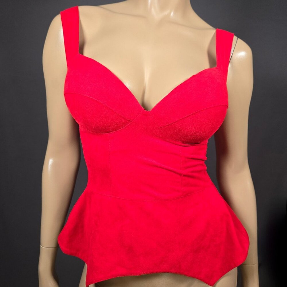 Y2K Bustier Peplum Top Size S Red Microsuede Sweetheart Retro Coquette Mcbling